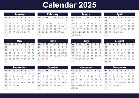 Premium Vector | Free vector Printable 2025 Calendar with Week Numbers