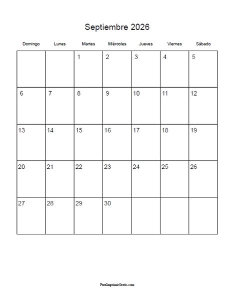 Calendario Septiembre 2026 – ParaImprimirGratis.com