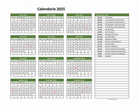Calendario de México del 2025 con los días festivos | WikiDates.org
