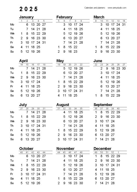 2025 Numbered Weeks Calendar Date Range - Carter Lebona