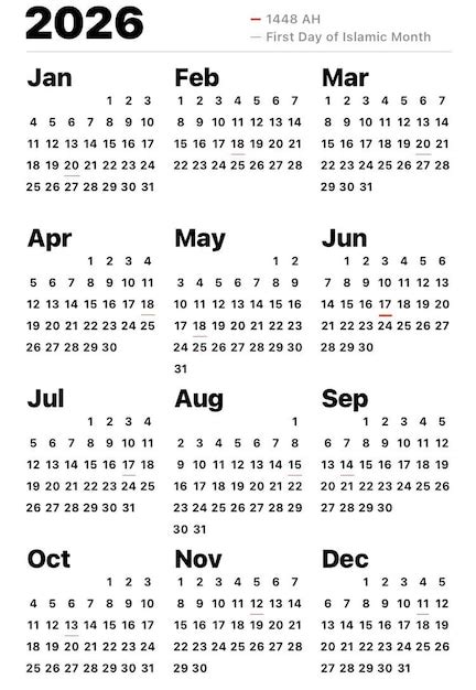 Premium Photo | 12 Month Calendar for 2026 Sunday Start White and black