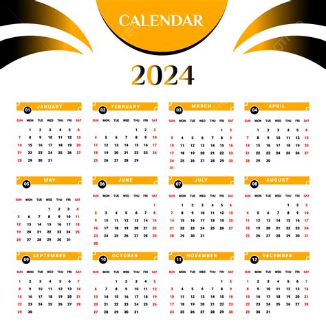 Calendario 2024 Con Negro Y Amarillo Vector PNG ,dibujos Calendario ...