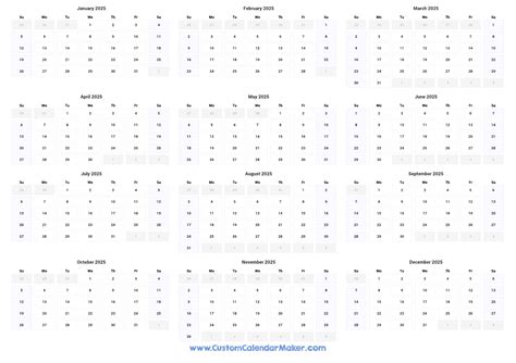 2025 One Page Calendar Landscape