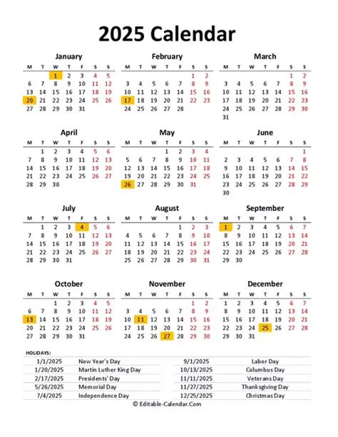 2025 Calendar with US holidays, Editable in Excel, Word, PDF