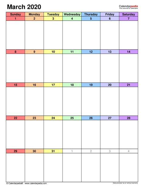 March 2020 Calendar | Templates for PDF, Excel and Word