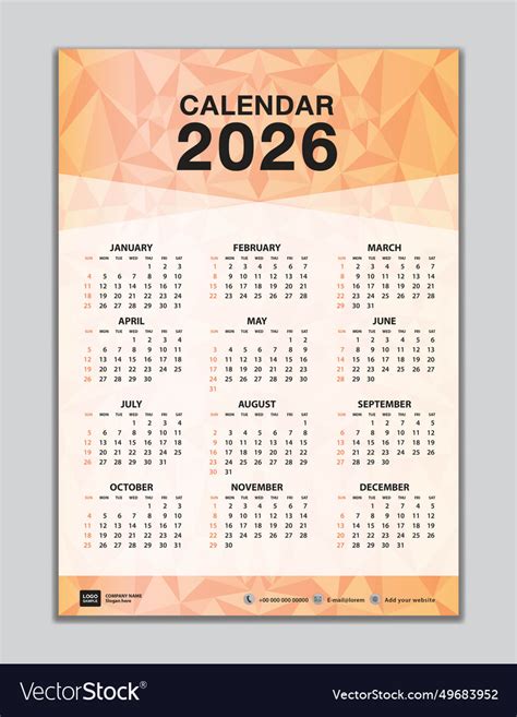 Wall calendar 2026 template on orange polygon Vector Image