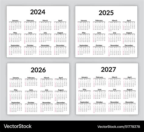 2024 2025 2026 and 2027 calendar set week Vector Image