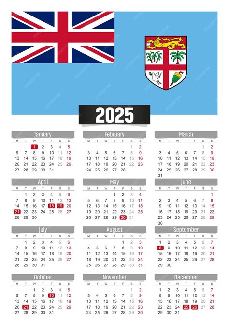 Premium Vector | New year 2025 calendar with Fiji flag and public ...