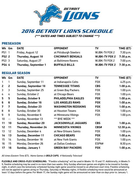 Detroit Lions Schedule Printable 2024