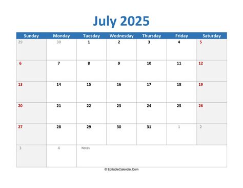July 2025 Printable Calendar with Holidays