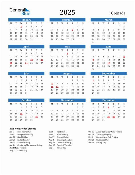 2025 Holiday Calendar for Grenada - Monday Start