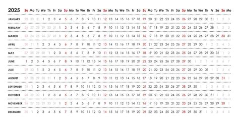 Linear calendar for 2025. Horizontal, week starts on Sunday, English ...
