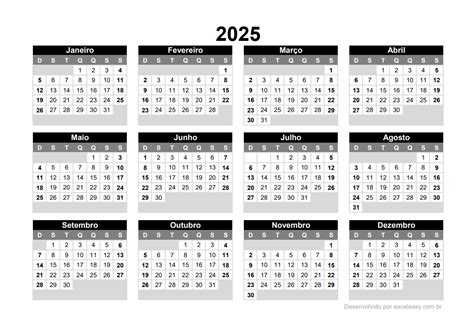 Calendário 2025 Para Imprimir | Baixe Grátis - Excel Easy