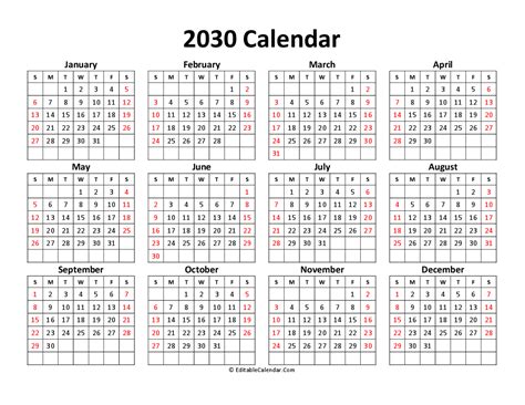 Printable Free Calendar 2030