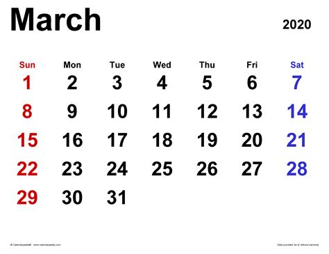 March 2020 Calendar | Templates for PDF, Excel and Word