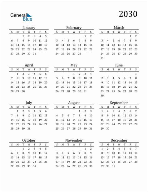 Free 2030 Calendars in PDF, Word, Excel