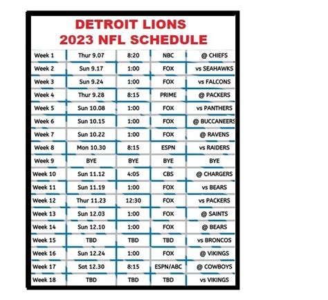 Detroit Lions Schedule 2023 Printable Pdf