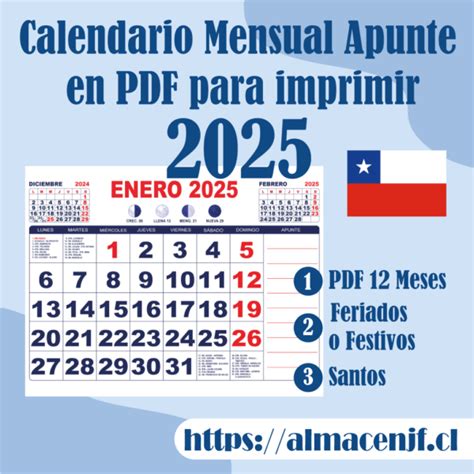 Calendario Mensual 2025 Apunte en PDF para Imprimir - Almacén JF