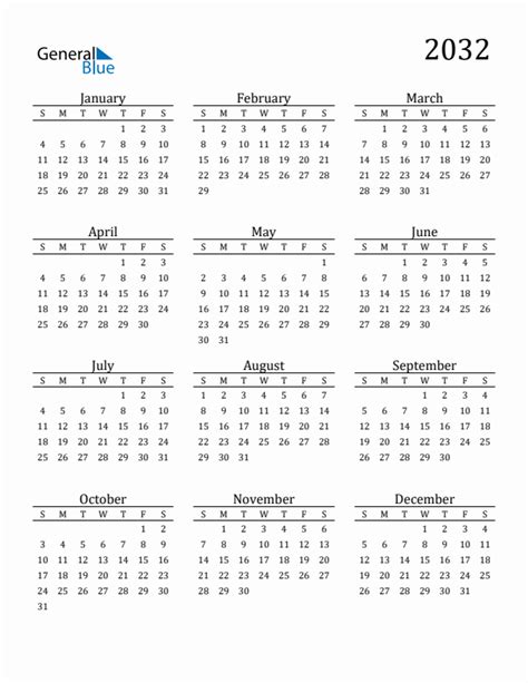 Free 2032 Calendars in PDF, Word, Excel