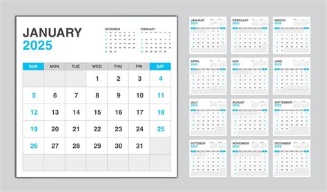 calendário design azul de 2025 anos, modelo de calendário mensal para ...