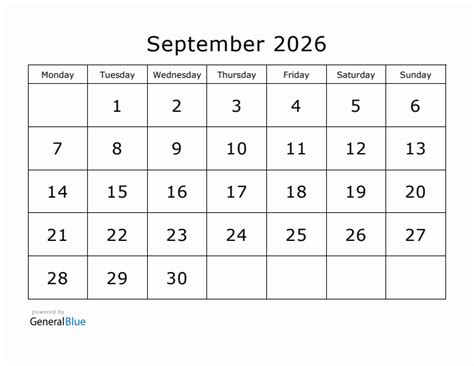 Printable September 2026 Calendar