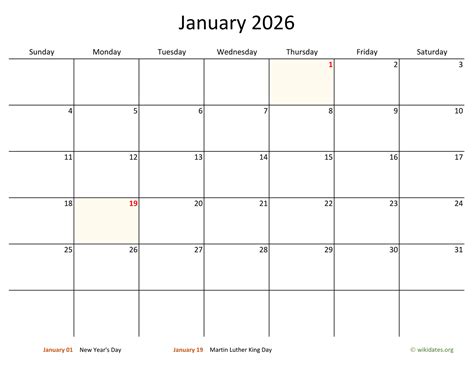 Monthly 2026 Calendar with Bigger boxes | WikiDates.org