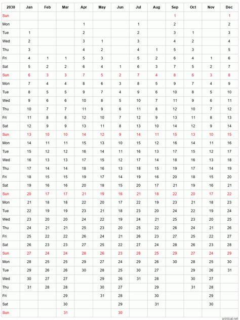 2030 Printable Calendar - 12-Month One Page Calendar (Columnar style)