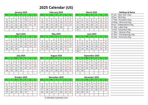 Download Printable 2025 Calendar With Holidays, Monday Start