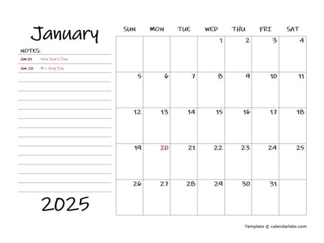 2025 Calendar Template with Monthly Notes - Free Printable Templates