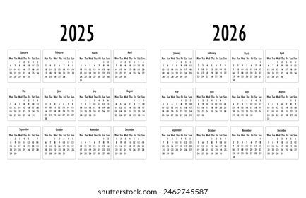 2025 2026 Calendar Black White Stock Vector (Royalty Free) 2462745587 ...