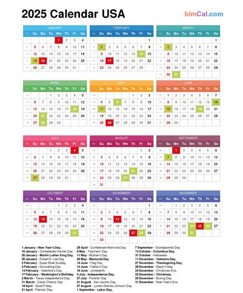 2025 Calendar USA - bimCal