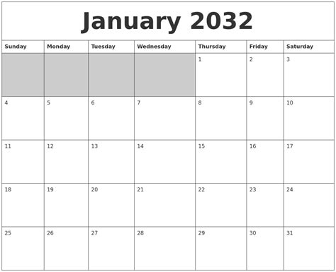 January 2032 Blank Printable Calendar