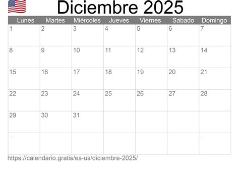 Calendario Diciembre 2025 de Estados Unidos de América en español ☑️ ...