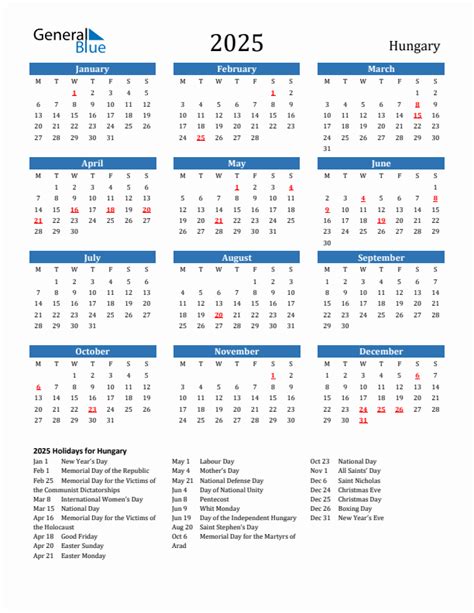 2025 Hungary Calendar with Holidays