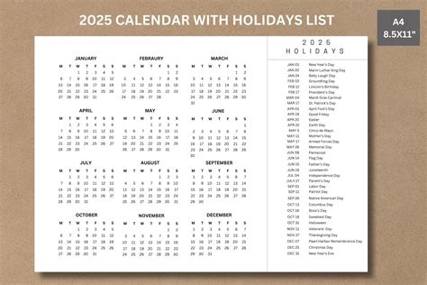 2025 Year Calendar with Holidays on One Page A4