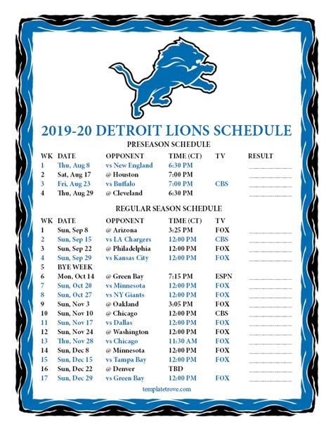 Printable 2019-2020 Detroit Lions Schedule