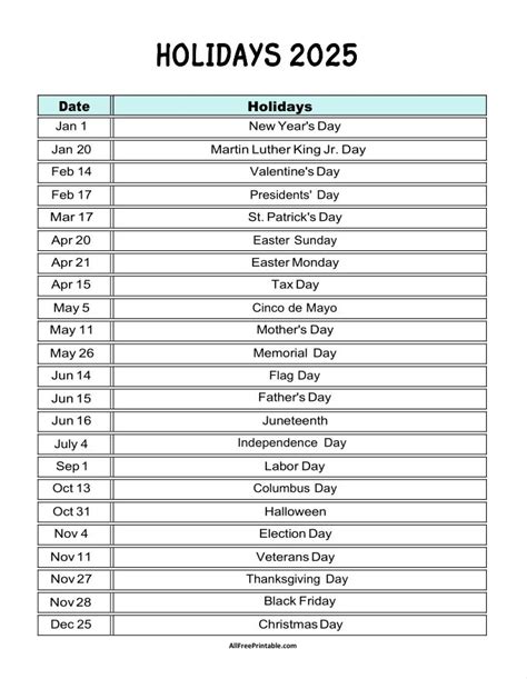 Holidays 2025 – Free Printable