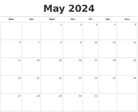 May 2024 Blank Monthly Calendar