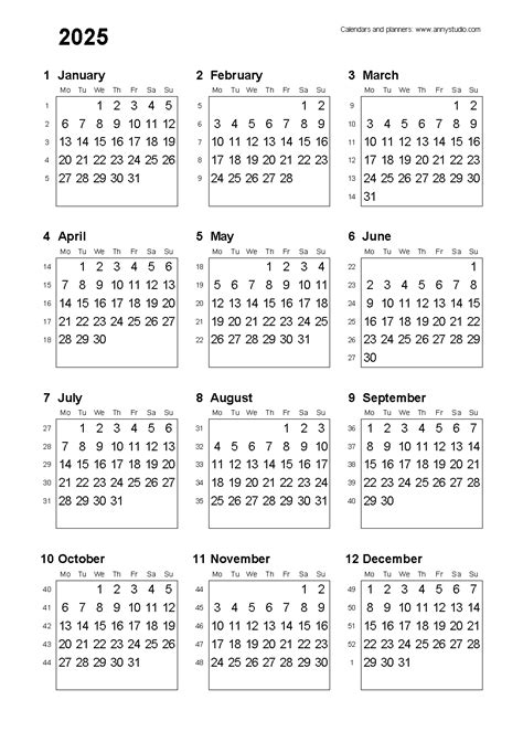 2025 Calendar Weeks Per Month Printable Pdf - James Kemp