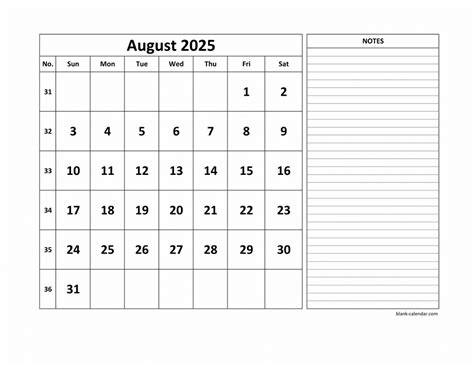 Free Download Printable August 2025 Calendar, large space for ...