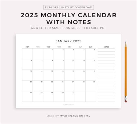 2025 Monthly Calendar With Notes, Landscape, Printable Calendar ...