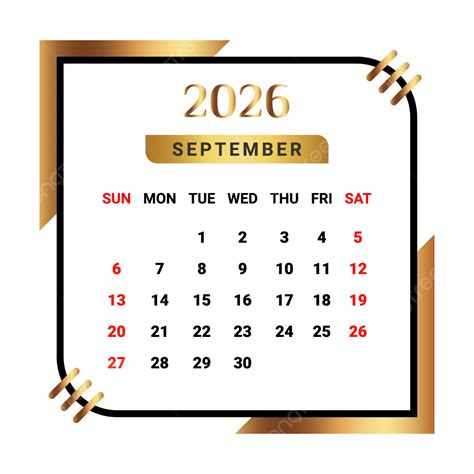 Calendario Del Mes De Septiembre De 2026 Con Negro Y Dorado Vector PNG ...