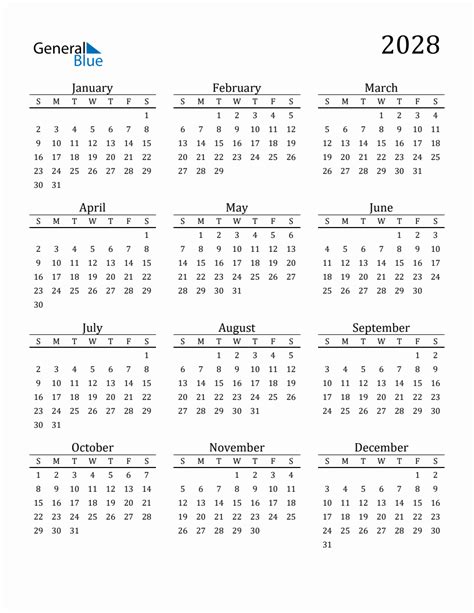 Year 2028 Free Printable 12-Month Calendar