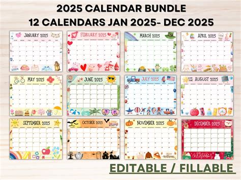 Editable 2025 Calendar Bundle- Colorful Printable Calendars- Kids ...