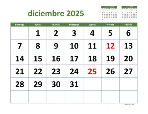 Calendario Diciembre 2025 de México | WikiDates.org
