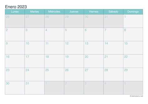 Calendario enero 2023 para imprimir - iCalendario.net