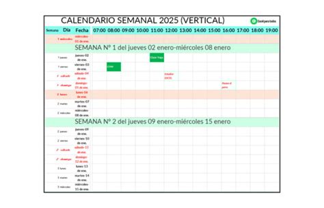 Calendario por Semanas 2025 en Excel - Descarga Gratis