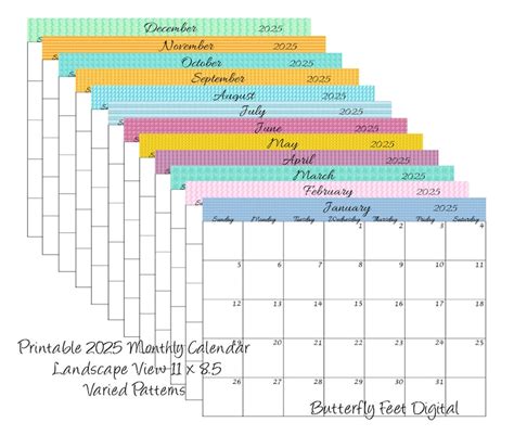 Printable Calendar 2025 Landscape Monthly Calendar Various Designs ...