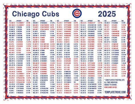 Printable 2025 Chicago Cubs Schedule