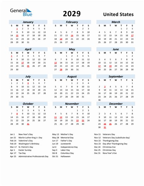 2029 United States Calendar with Holidays